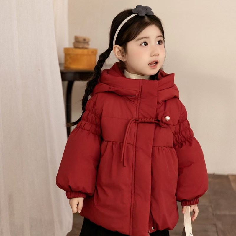 女童灯笼袖红色羽绒服2024冬装新款洋气宝宝新年装拜年服保暖外套