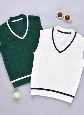 男女童学院毛衣背心马甲校服儿童墨绿色V领毛衣马夹鸡心领针织衫8