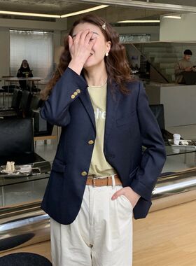 大吹女  春季私fu限定通勤女神复古法式金扣藏青小个子西装外套