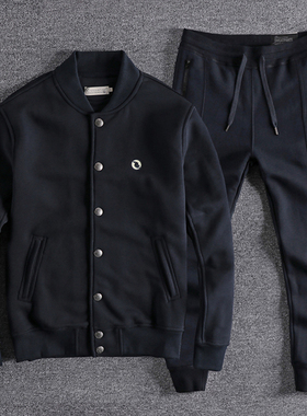 秋冬纯棉加厚加绒af卫衣休闲运动男套装开衫立领棒球服两件套绒衫
