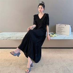 宽松遮肉显瘦裙子洋气休闲短袖 连衣裙女2024胖mm大码 长裙 新款 夏装
