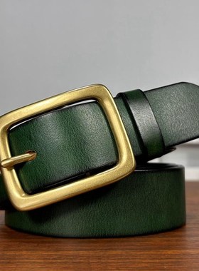 男士皮带女士腰带头层牛皮绿色蓝色牛仔裤带黄铜扣2024新款休闲潮