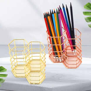北欧金色铁艺六角笔筒 家w用简约桌面办公化妆刷学习文具收纳筒