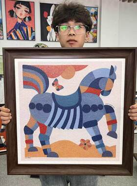轻奢骏马高级感蓝色客厅沙发背景墙装饰画6060装饰画F052