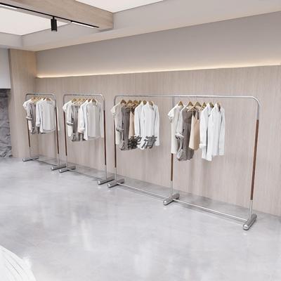 服装店展示架不锈钢落地式中岛陈列架实木纹挂衣杆男女装侧挂货架