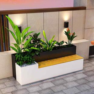 户外不锈钢花箱座椅坐凳一体广场商业街铁艺种植箱休息凳景观花池