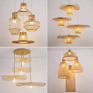 竹编组合吊灯创意个性中式装饰饭厅大厅茶室民宿覆式楼梯三头灯具