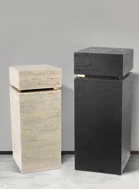 北欧轻奢摆件客厅落地石墩方形展示台底座大理石基座洞石雕塑摆台