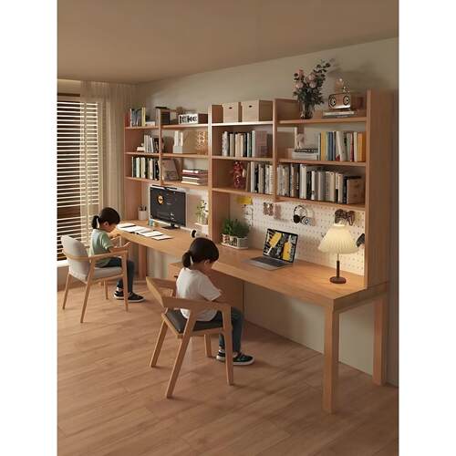 全实木双人书桌书架一体书柜卧室电脑桌儿童学习桌长工作台