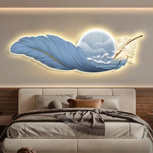 羽毛Led灯画主卧室装饰画现代可及豪华高端床头背景墙挂画客厅壁
