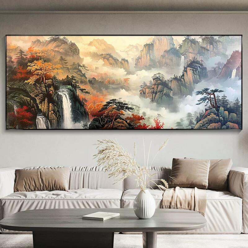 流水生财水墨山水画客厅挂画新中式沙发背景墙画茶室办公室装饰画