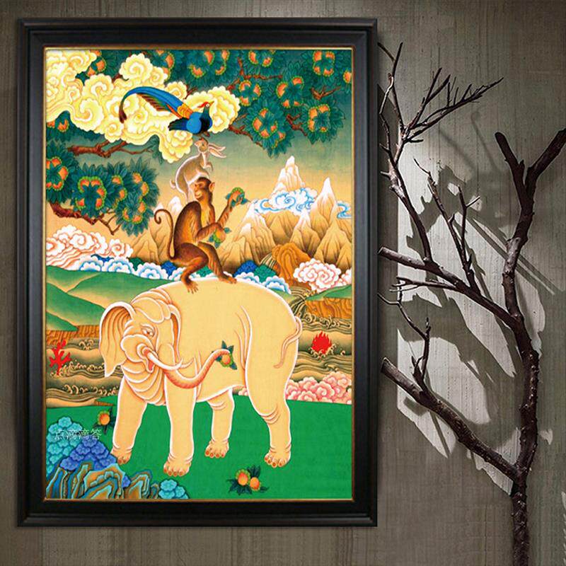 新款满钻石画吉祥四瑞点钻十字绣大象5D钻石绣藏族唐卡粘钻画挂画