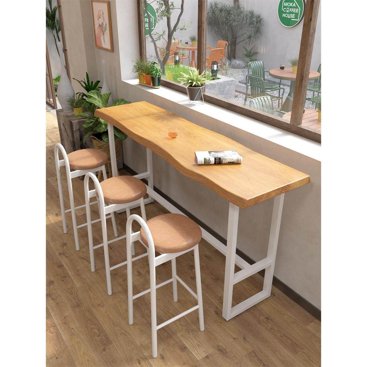 咖啡厅窗隔断吧台一体化吧台壁挂式实木高桌休闲阳台长桌椅组合