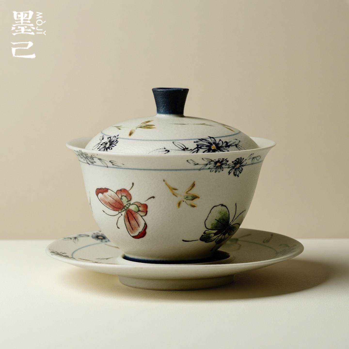 墨己青花火石红描金蝴蝶兰花功夫茶具陶瓷三才盖碗家用精致泡茶碗
