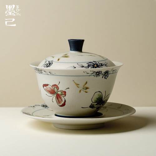 墨己青花火石红描金蝴蝶兰花功夫茶具陶瓷三才盖碗家用精致泡茶碗
