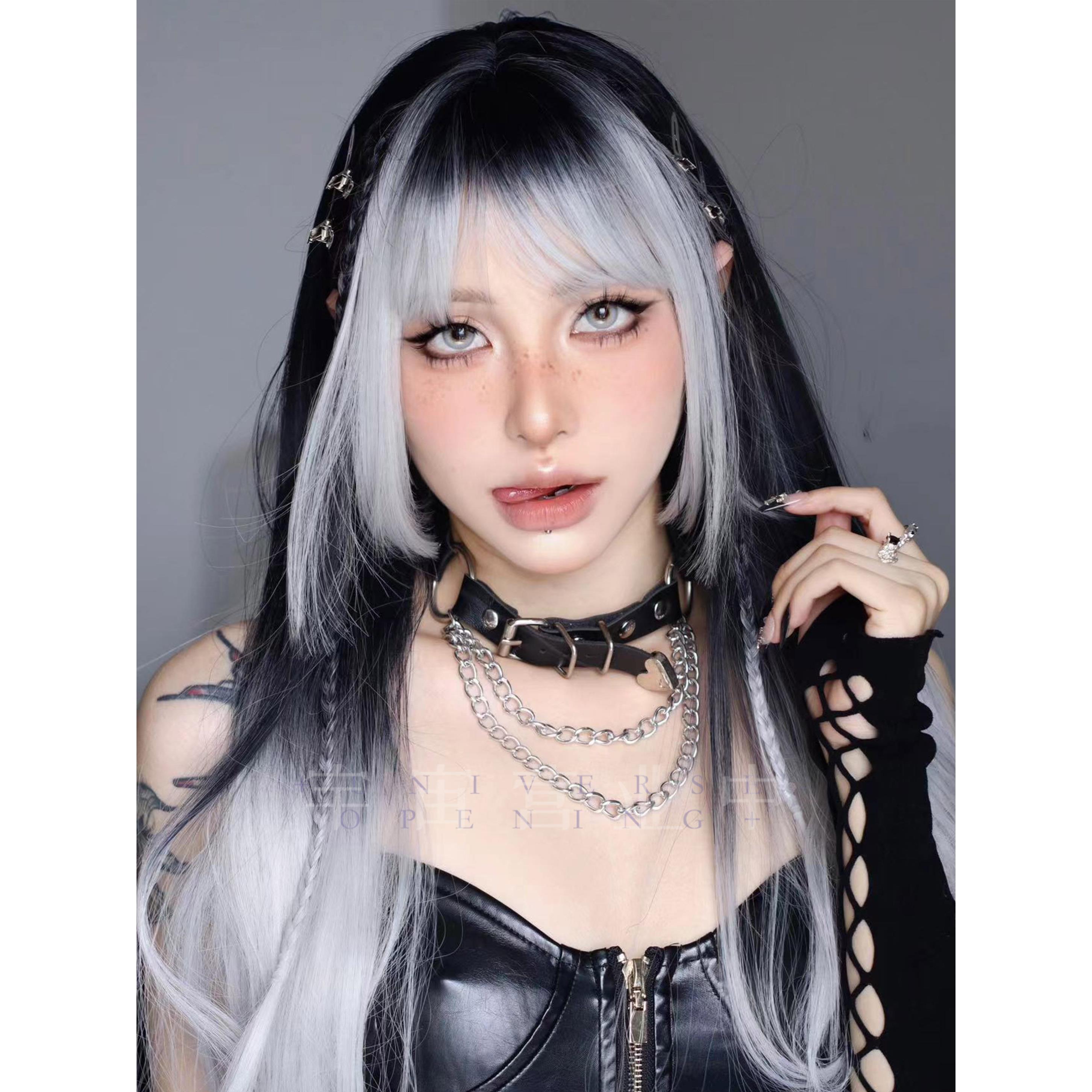 「迷雾之夜」银黑渐变蕾系lolita哥特魔女亚文化齐刘海长直假发