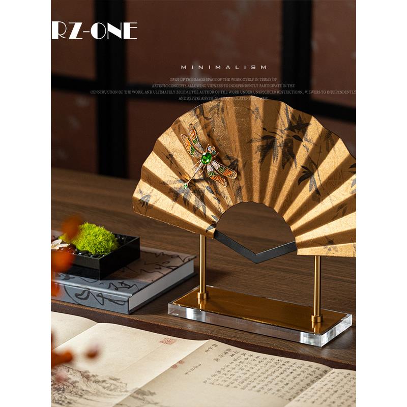 Rzone 新中式老钱风覆古样板间书房书桌茶室软装饰品艺术扇子摆件