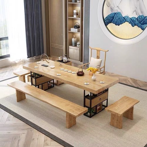 新中式家用实木茶桌 客厅禅意功夫茶台 办公室实木大板洽谈茶桌椅