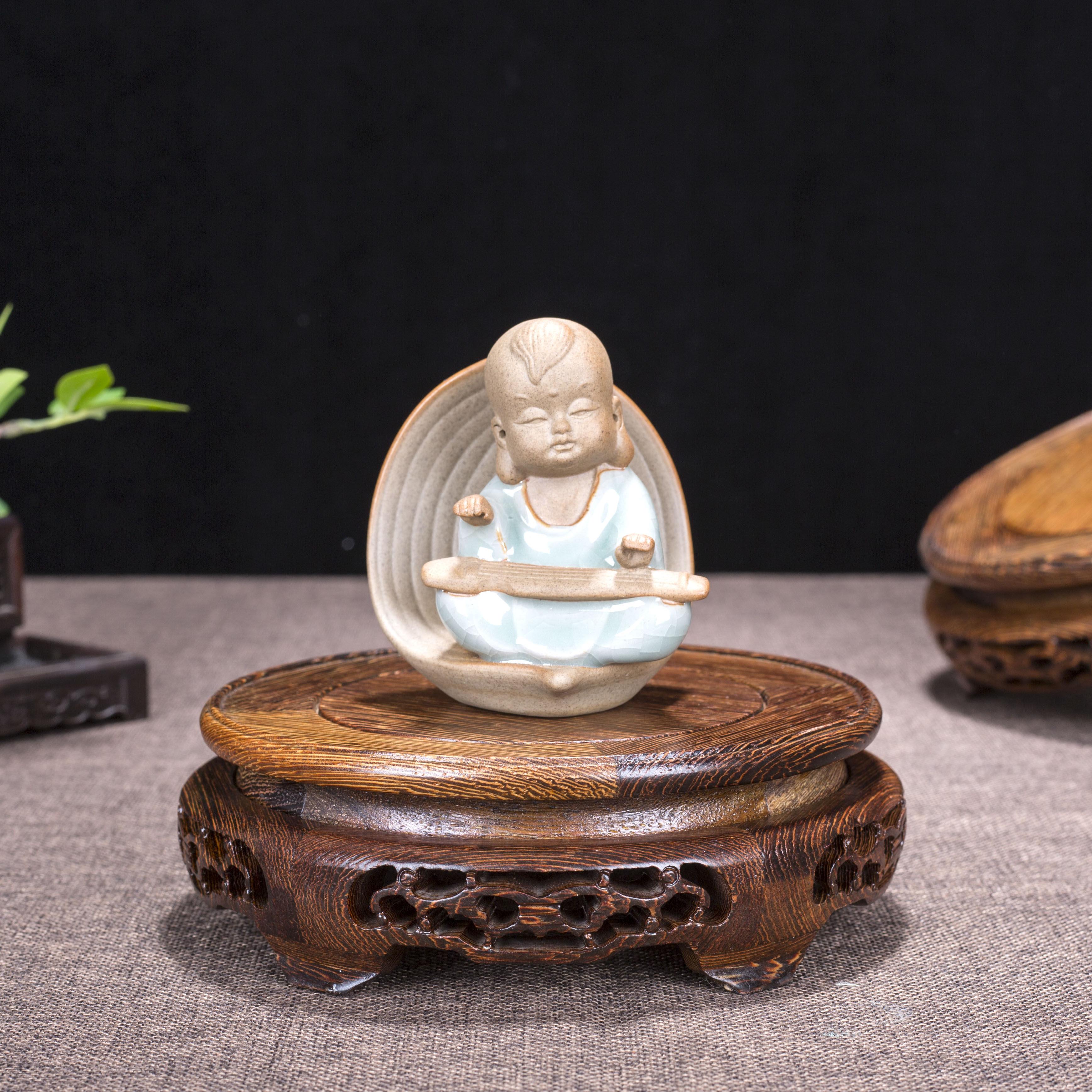 圆形鱼缸鸡翅木摆件底座佛像石头盆载陶瓷花瓶香炉红木质托盘架子