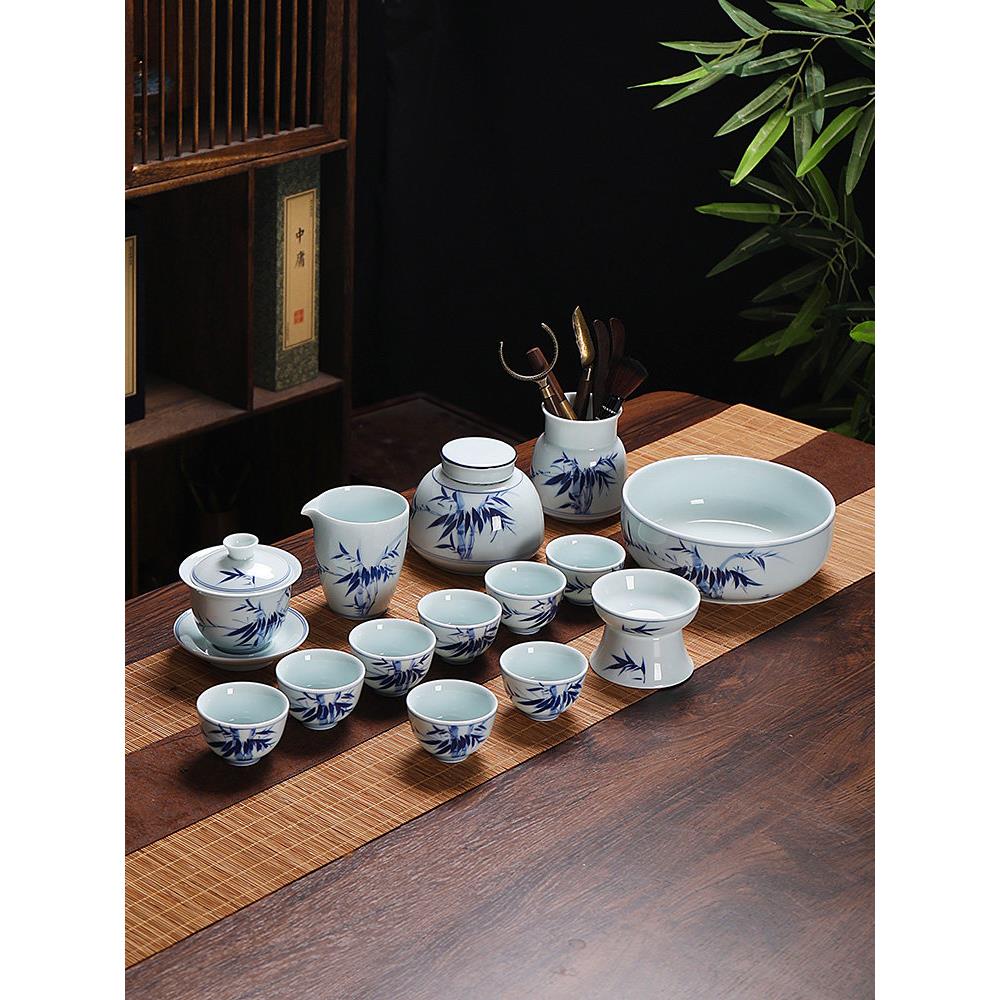 纯手工手绘茶具套装简约家用陶瓷茶壶盖碗茶道釉下彩青花瓷大整套