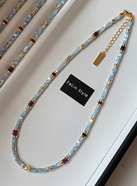 天然白蝶贝浅蓝色串珠项链女夏轻奢小众锁骨链高级感2024新款颈链