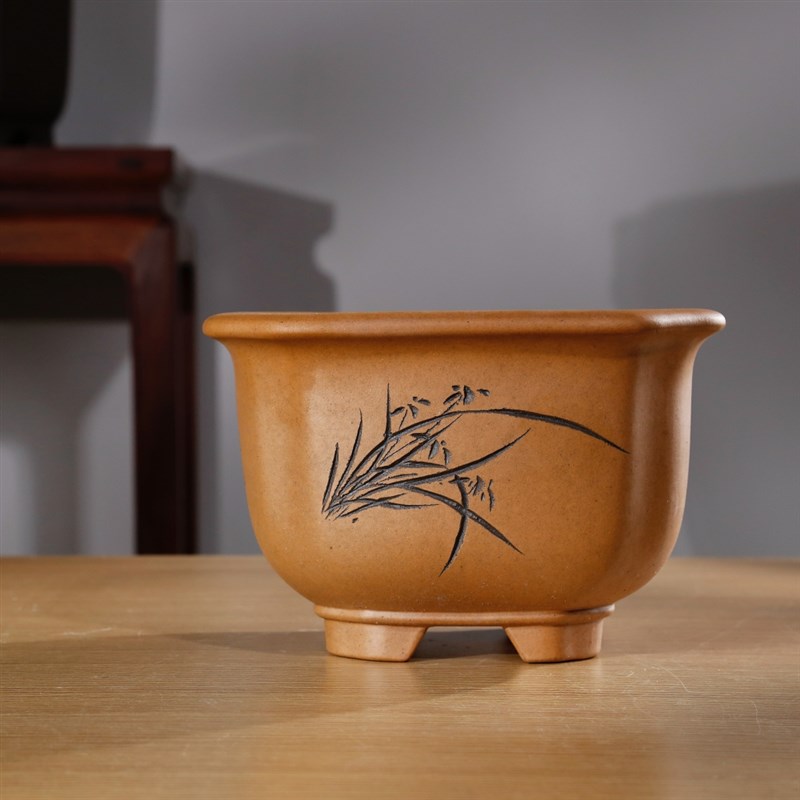 新款秦夕洪仿古仿老旧四方飘口宜兴原矿透气好段泥柴烧紫砂盆景盆