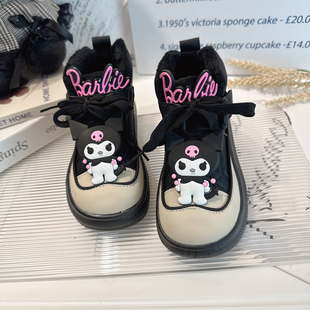 二棉加绒运动鞋 老爹鞋 儿童冬季 女款 皮面加绒防水黑色高筒 2023新款