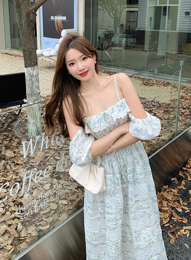 大姐姐 向晚白和蓝铃花 重工白色抹胸裙女夏季中长版.吊带裙洋装