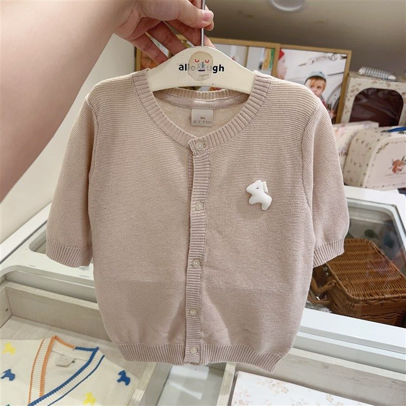 韩国童装 24夏新男女宝宝薄款透气圆领针织短袖开衫 柔软透气上衣