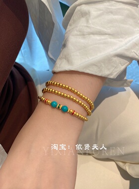 古法金三圈绿松石彩色隔片弹力手链女饰品手串