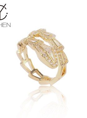 开口可调节锆石金色蛇戒指女小众轻奢文艺指环食指戒尾戒手胖礼物