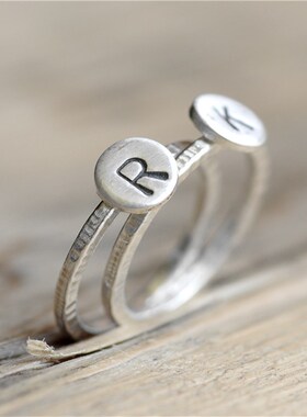 定制做 手工 刻字母数字 花戒指 简约躶纯银 指环尾戒关节组合戒