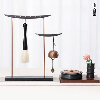 山百集笔挂徽音旋转笔架毛笔架子实木纯铜毛笔挂架文房四宝铜摆件