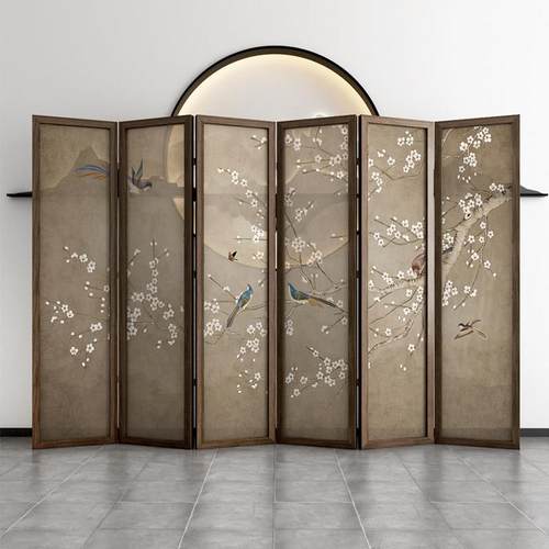 实木屏风隔断客厅折叠移动新中式办公室餐厅茶室卧室遮挡家用花鸟