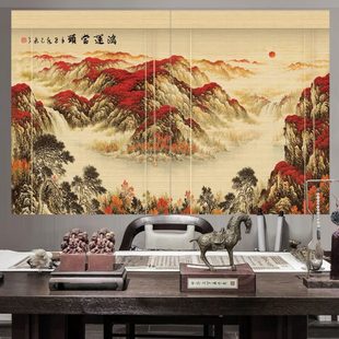 客厅背景墙竹子挂画 鸿运当头竹帘卷帘办公室窗帘遮光隔断帘子中式