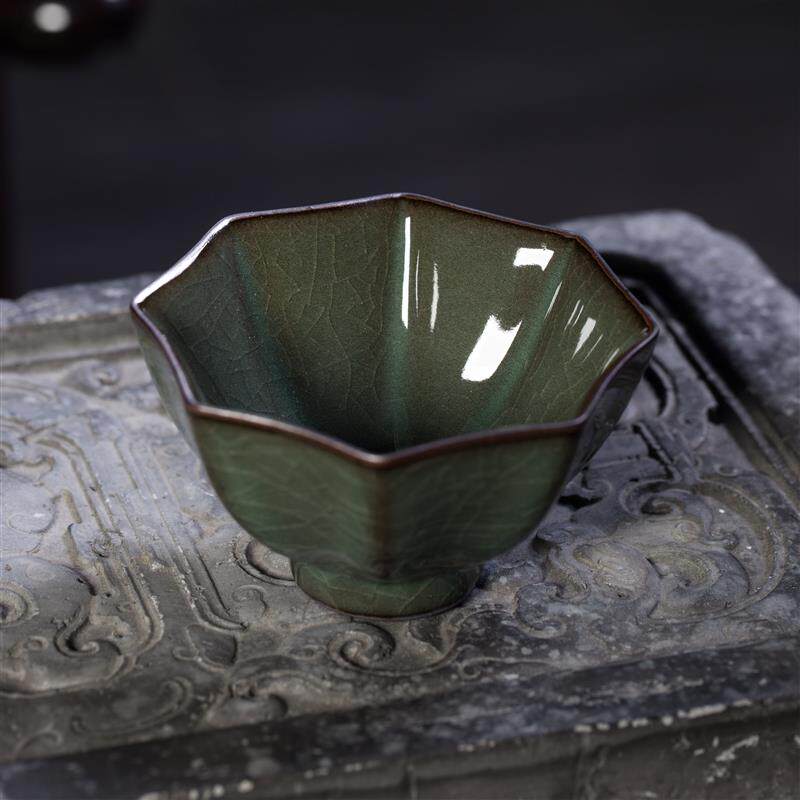 张则辉龙泉青瓷铁胎釉哥窑八方杯陶瓷冰裂纹品茗杯家用喝茶主人杯