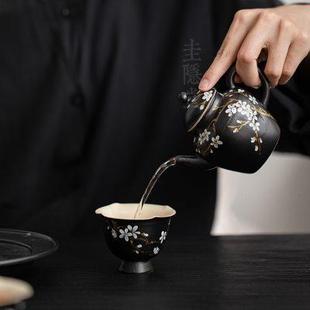 圭隐堂粉引手绘梅花陶瓷花口功夫茶杯复古侘寂主人杯单杯品茗杯子