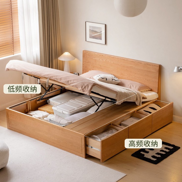 源氏木语实木床现代简约樱桃木抽屉家用箱体床卧室气压储物高箱床图片