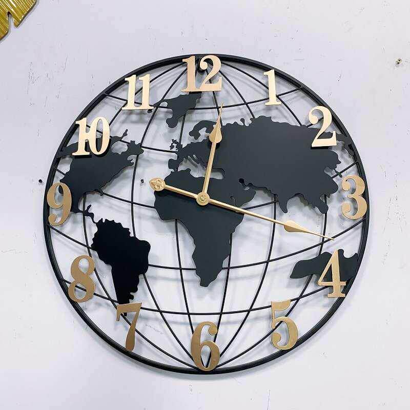 世界地图铁艺挂钟圆形时尚简约客厅玄关艺术壁饰时钟装饰壁挂