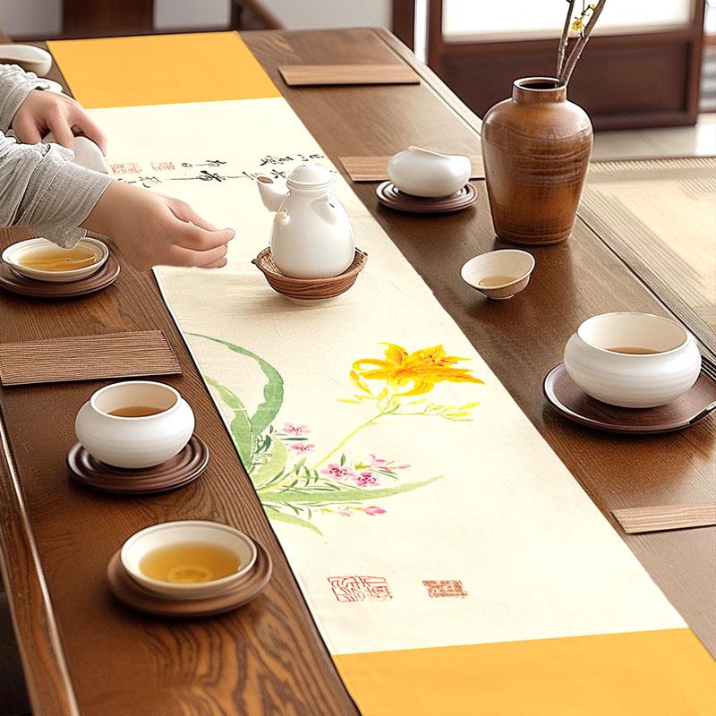 新中式花鸟床旗防水桌旗禅意茶几高端茶台中国茶桌桌布茶室茶席