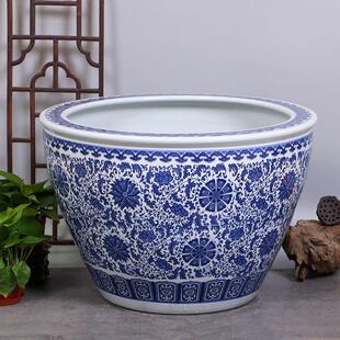 水花盆蓝白陶瓷水箱庭院碗莲花花盆户外特大型植树大型水箱净空
