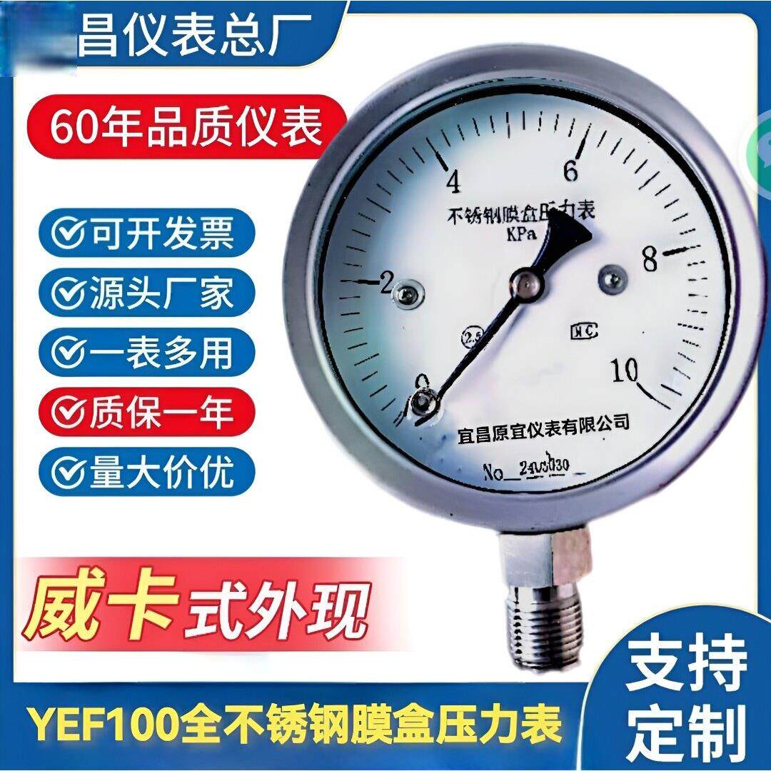 YE100BF全不锈钢膜盒压力表徽压空气气体测量宜昌仪表总厂