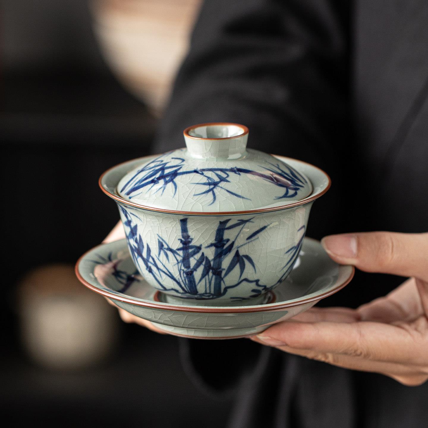 复古哥窑茶养开片手绘青花竹纹三才盖碗茶杯主人杯景德镇陶瓷茶具