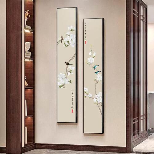 新中式玄关竖长条挂画花鸟工笔画楼梯走廊过道装饰画茶室背景壁画