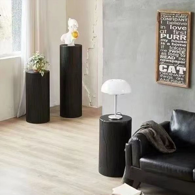 北欧侘寂b风原木花架木墩圆形边几民宿实木复古碳化黑树墩花几摆