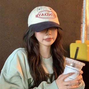 【星期天】拼色牛仔布复古百搭软顶鸭舌帽大头围显脸小出游遮阳帽