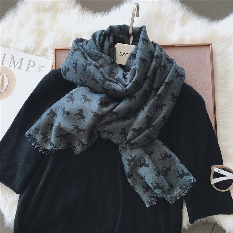 文艺知性小马图案春秋季棉麻围巾披肩两用薄纱巾韩版女夏百搭丝巾