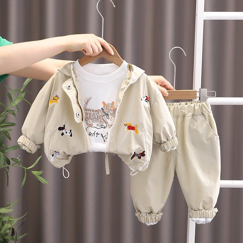 男童连帽外套春秋装套装儿童男宝宝卡通时髦休闲三件式西装秋季衣