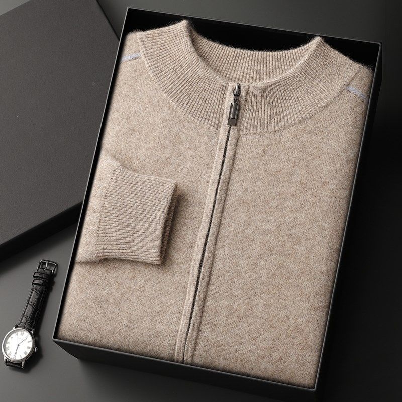 秋冬新款100%纯羊绒衫男拉链圆领开衫毛衣加厚保暖针织衫外套