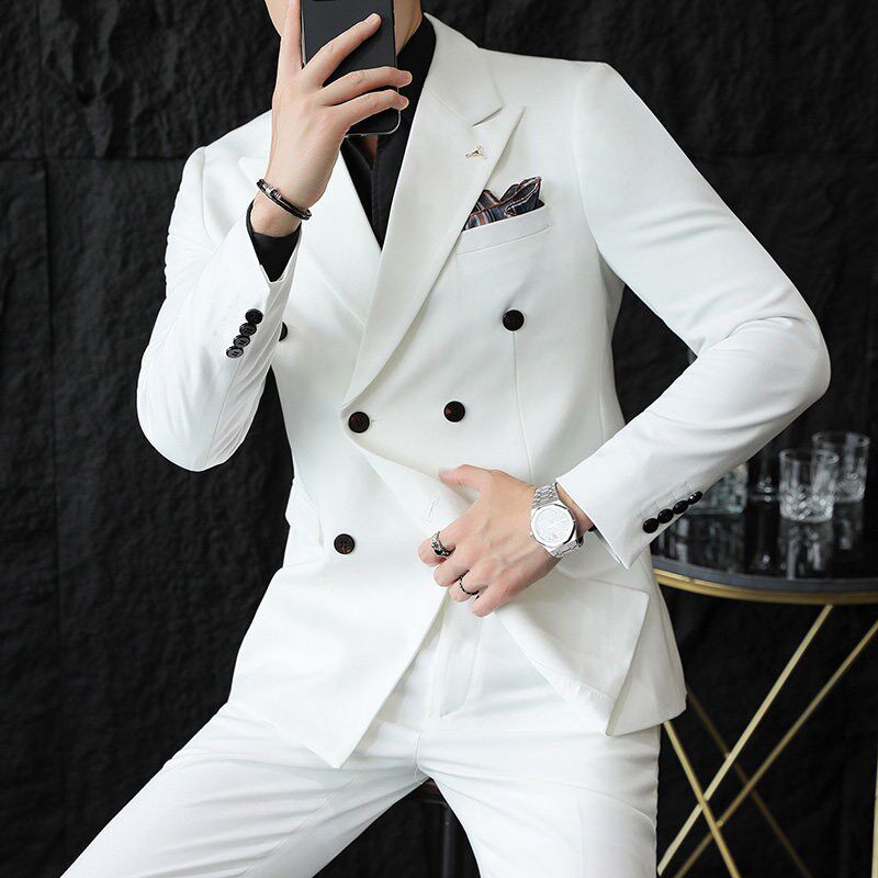 白色大尺码双排扣休闲 西服男套装通勤商务韩版修身上班职业